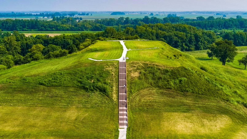 The massive Monks Mound at Cahokia Mounds State Historic Site, the largest prehistoric earthwork in the Americas