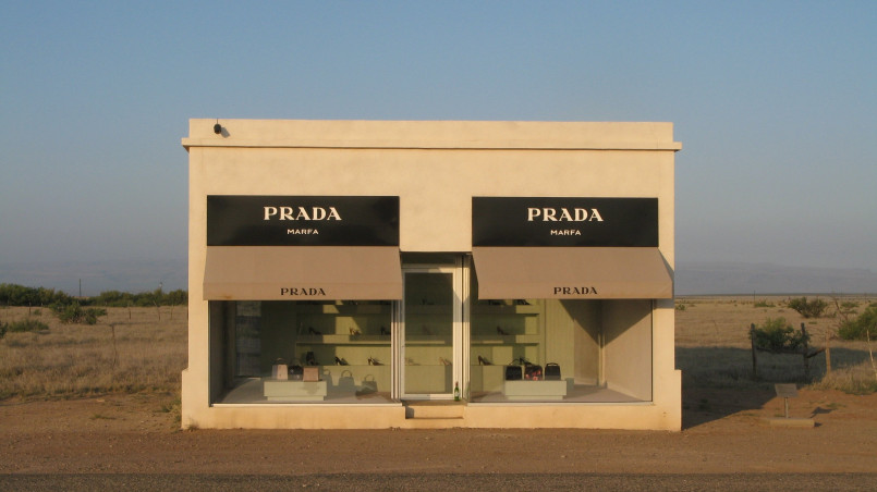 The Prada Marfa art installation standing alone in the Texas desert outside Marfa