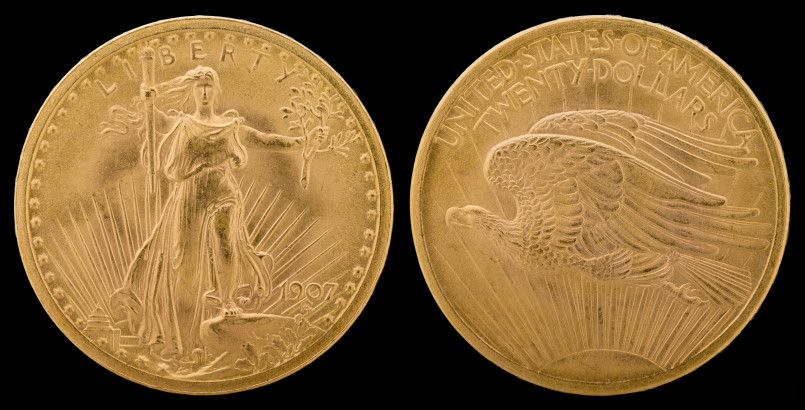 Saint-Gaudens double eagle gold coin design from the Roosevelt era