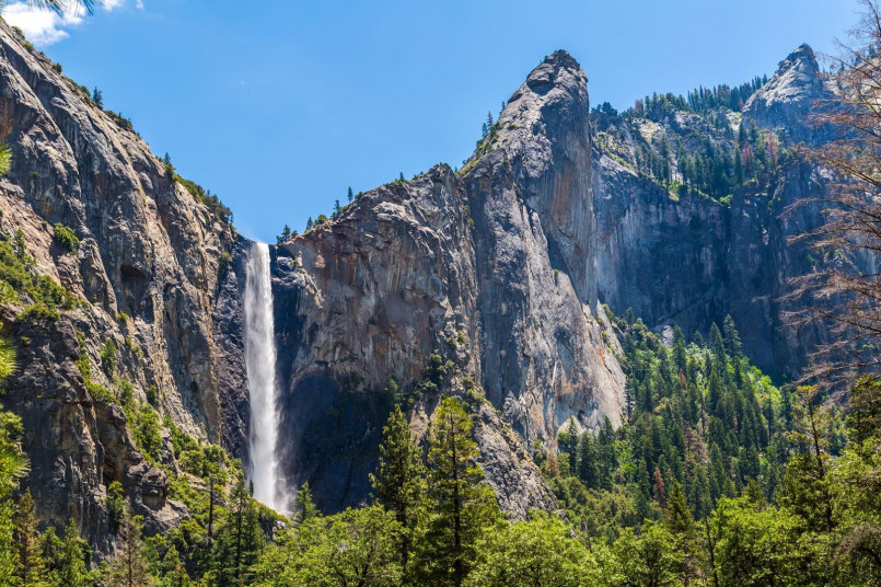 Thin ribbon of water cascading down granite cliff face near El Capitan