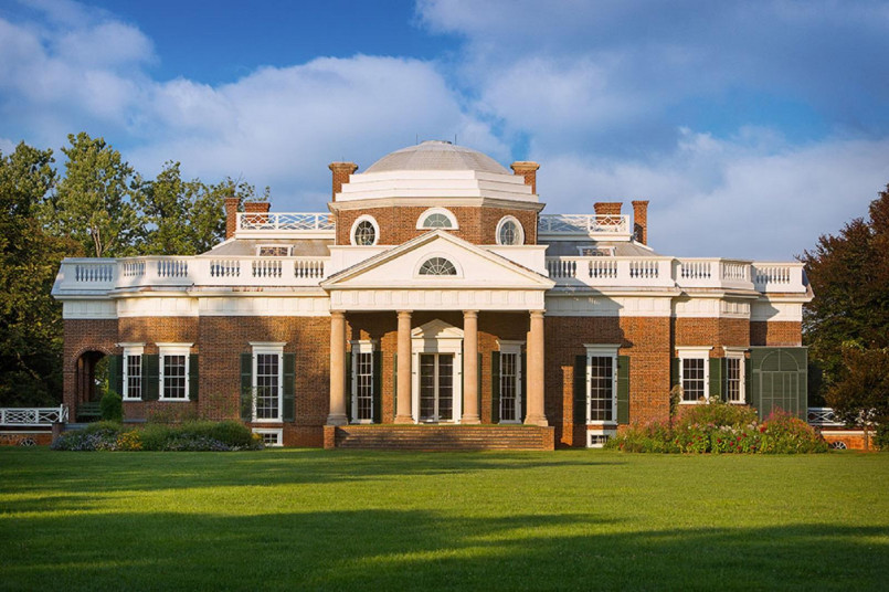 Thomas Jefferson's Monticello estate with its distinctive dome architecture viewed from the front lawn