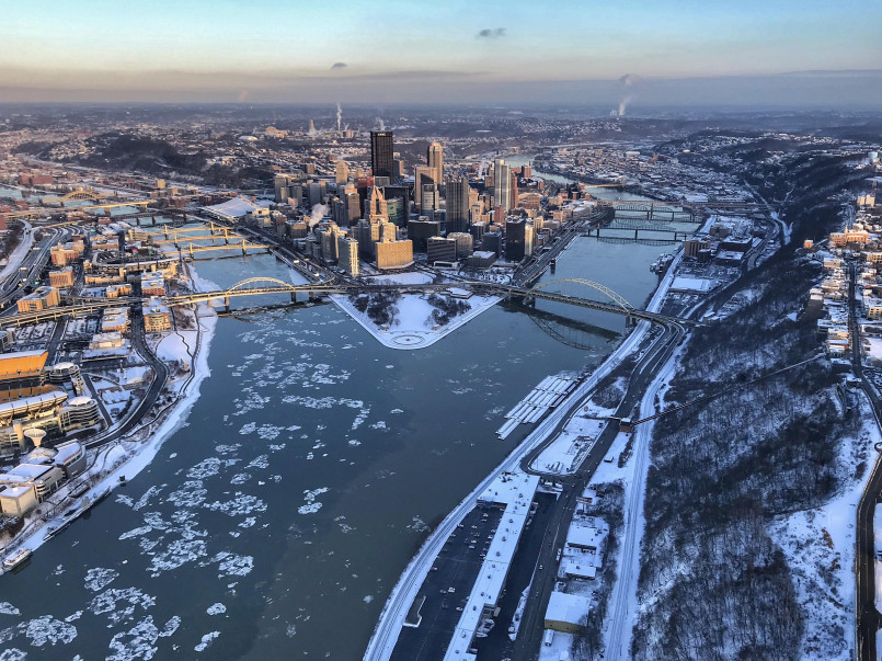 Three Rivers Pittsburgh aerial view Aerial view of Pittsburgh's three rivers confluence showing multiple bridges
