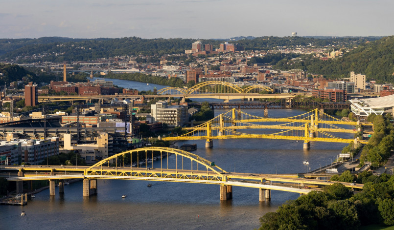 Three Sisters Bridges Pittsburgh The three nearly identical yellow suspension bridges known as the Three Sisters crossing the Allegheny River in Pittsburgh