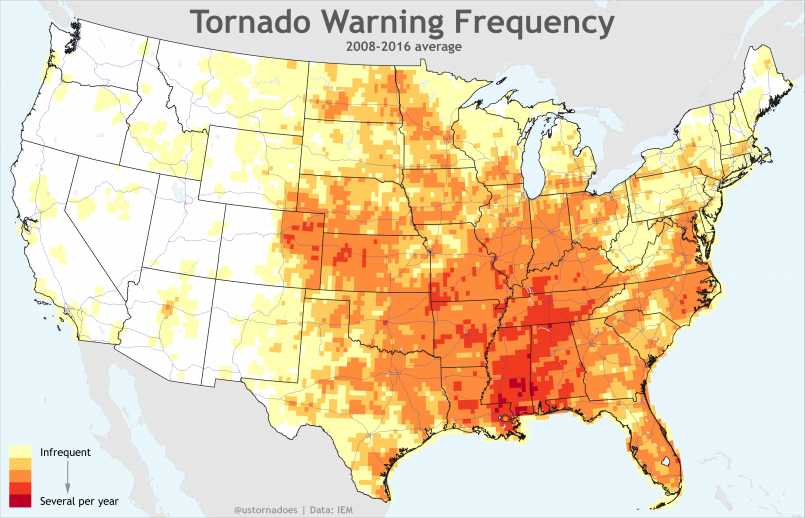 Tornado alley map, us tornado frequency Map showing tornado frequency across United States with Tornado Alley highlighted