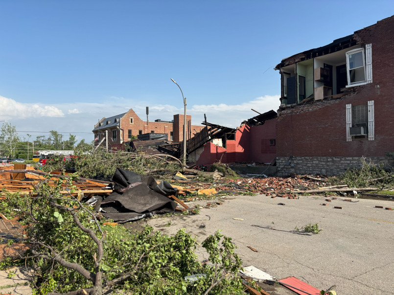 Tornado damage, destroyed neighborhood Aerial view of neighborhood destroyed by tornado showing flattened houses and debris