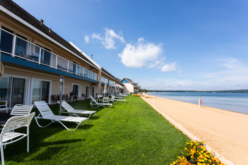Traverse city michigan waterfront bay Grand Traverse Bay waterfront with boats and sandy beach