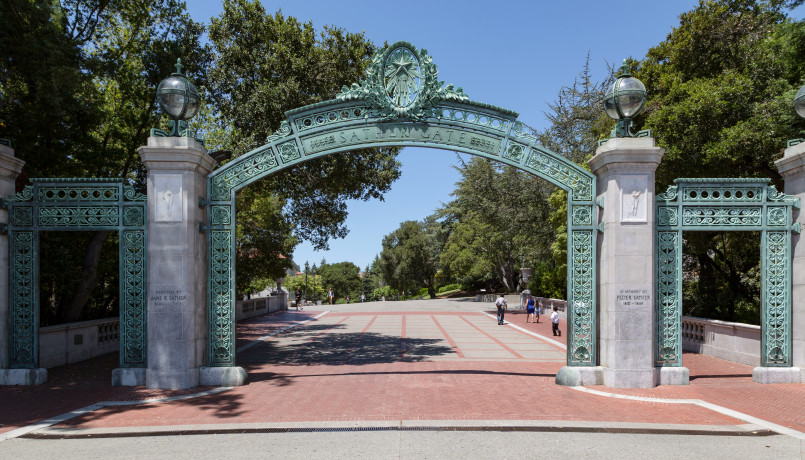 Sather Gate at the University of California, Berkeley campus with students walking through