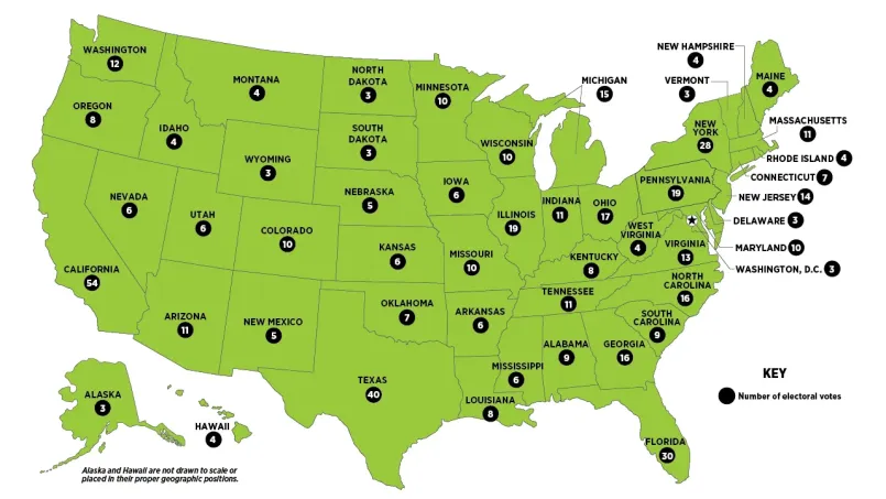Electoral college map by state, presidential election electoral votes United States map color-coded by number of electoral votes per state