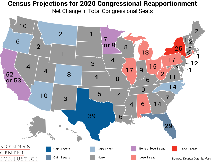 US congressional reapportionment map, states gaining losing House seats Color-coded map showing which states gained or lost congressional seats after census