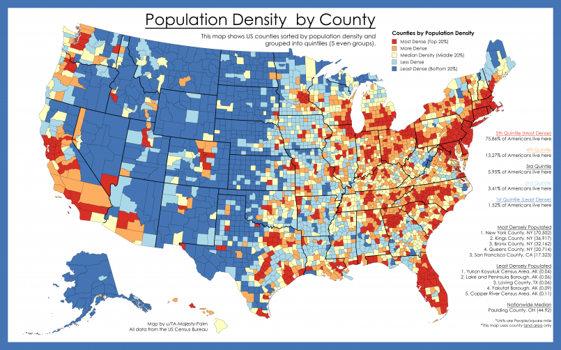 Map showing US counties with population density variations