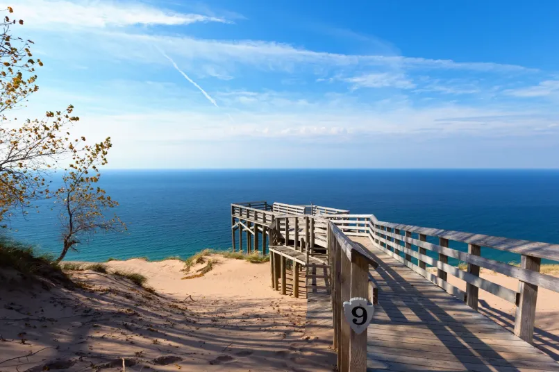 Sleeping bear dunes michigan lake overlook View from atop Sleeping Bear Dunes overlooking Lake Michigan's turquoise waters