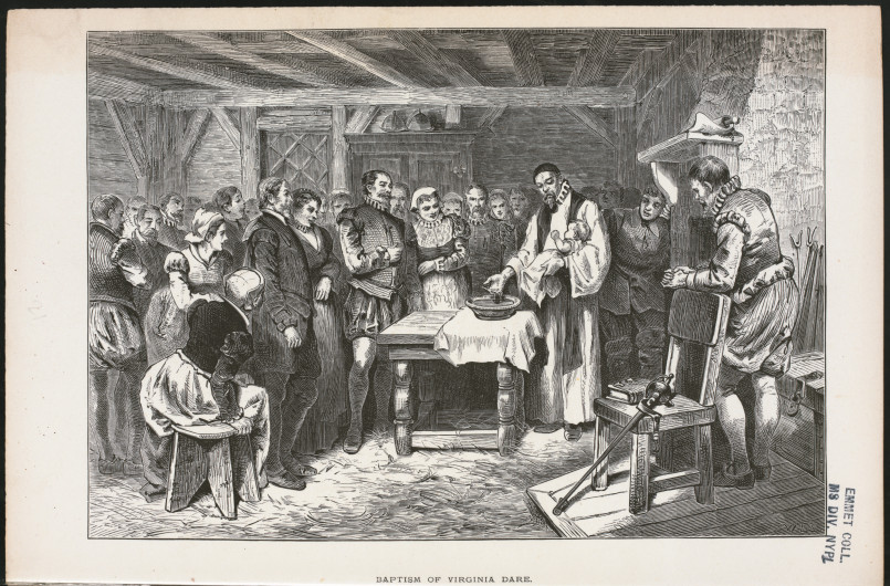 Virginia dare baptism painting Historical painting depicting the baptism of Virginia Dare, first English child born in America
