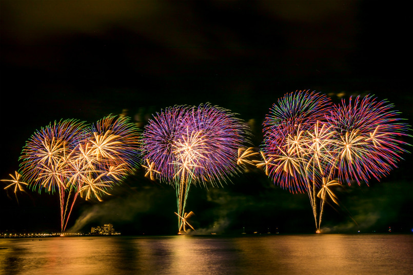 Waikiki Beach Honolulu Hawaii New Years fireworks Fireworks display over Waikiki Beach with Diamond Head crater visible in the background