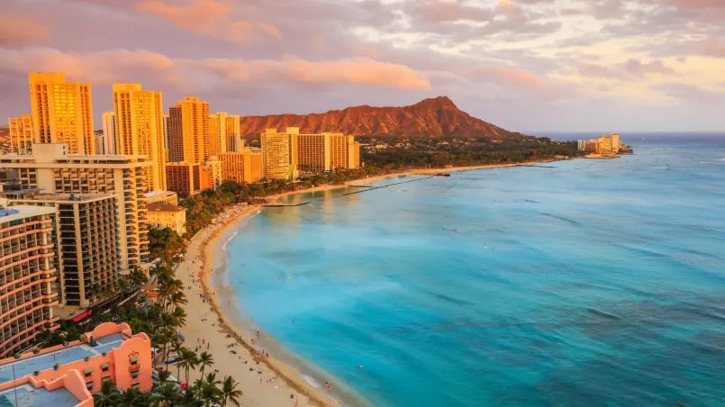 Waikiki beach honolulu hawaii sunset diamond head Waikiki Beach with Diamond Head crater in the background at sunset