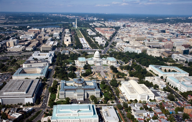 Aerial view of the federal government buildings in Washington D.C.
