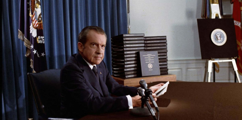 President Nixon giving his resignation speech during the Watergate scandal