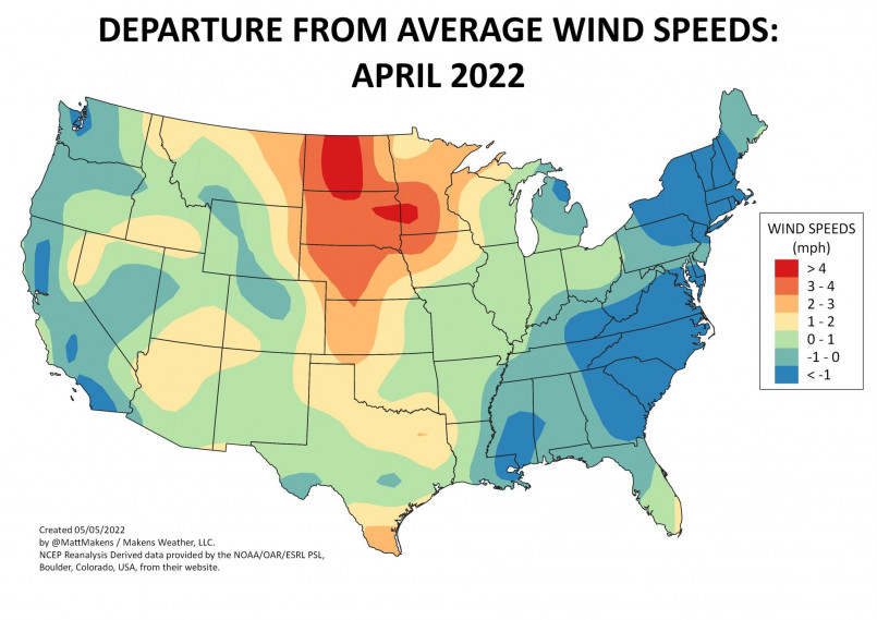 Map showing prevailing wind patterns across the United States