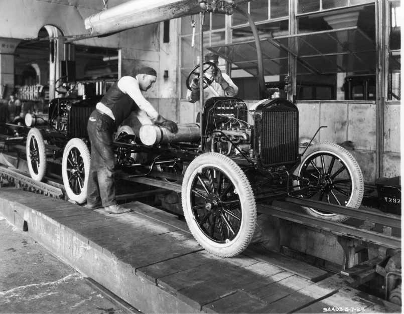 Workers on the Ford Model T assembly line in 1913