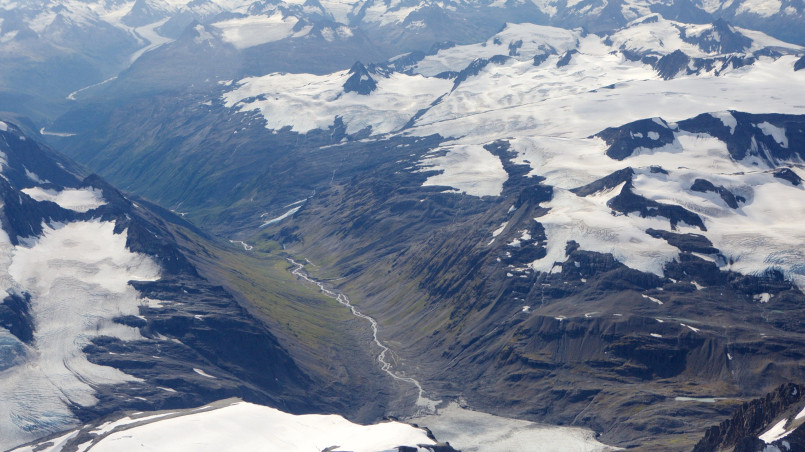 Wrangell-St. Elias National Park aerial view Vast wilderness landscape of Wrangell-St. Elias showing snow-capped mountains and glaciers