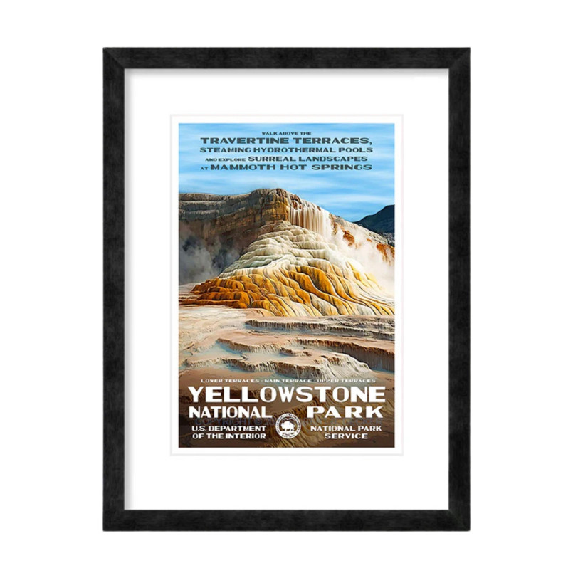 Vintage travel poster depicting Yellowstone's geysers and wildlife from the early 1900s