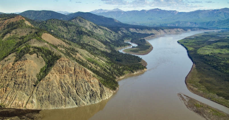 Yukon River Alaska wilderness Aerial view of the winding Yukon River cutting through pristine Alaskan wilderness