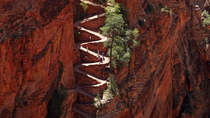 Zion National Park Angels Landing trail Hikers traversing the narrow ridge on Angels Landing trail in Zion National Park